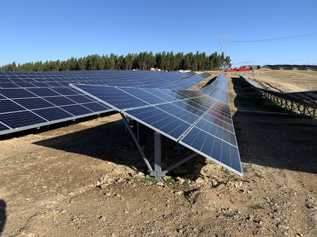paineis fotovoltaicos em campo de terra e arvores